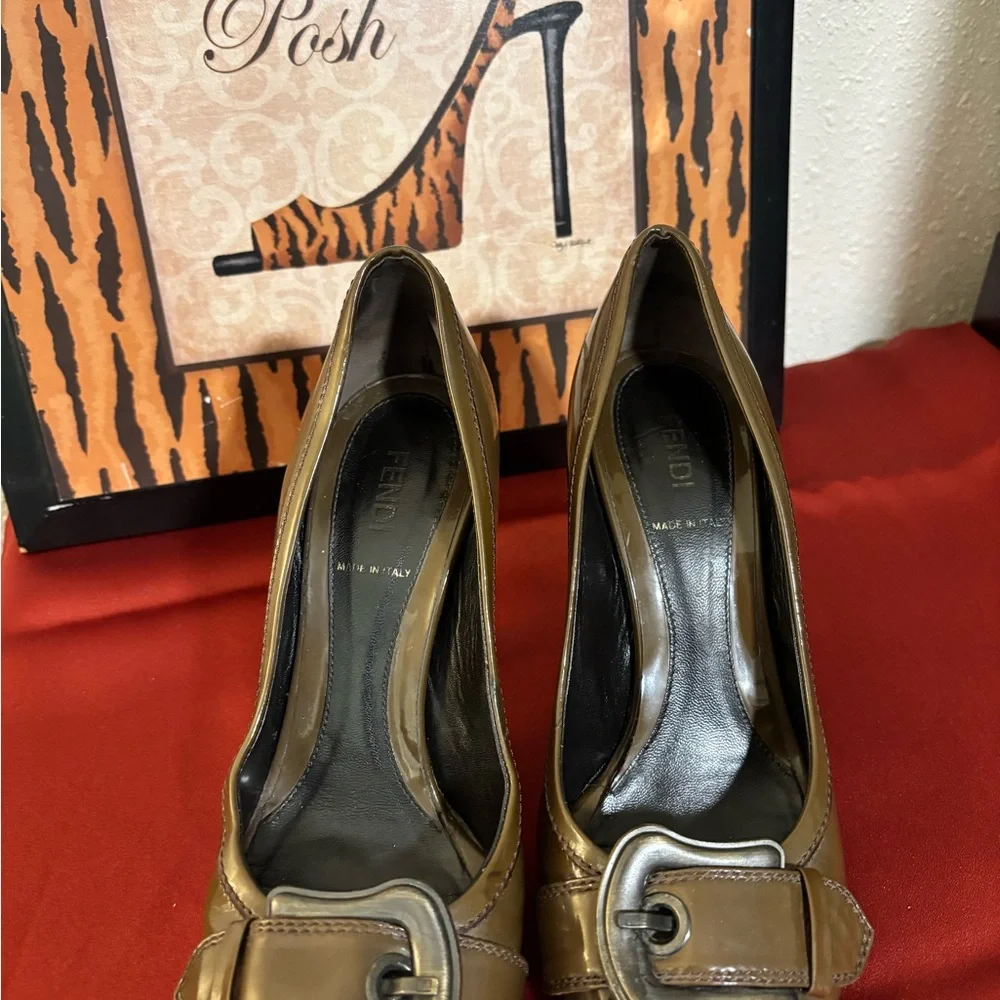 Fendi Olive/Army Green Patent Leather Buckle Peep-Toe Heels - Picture 15 of 16